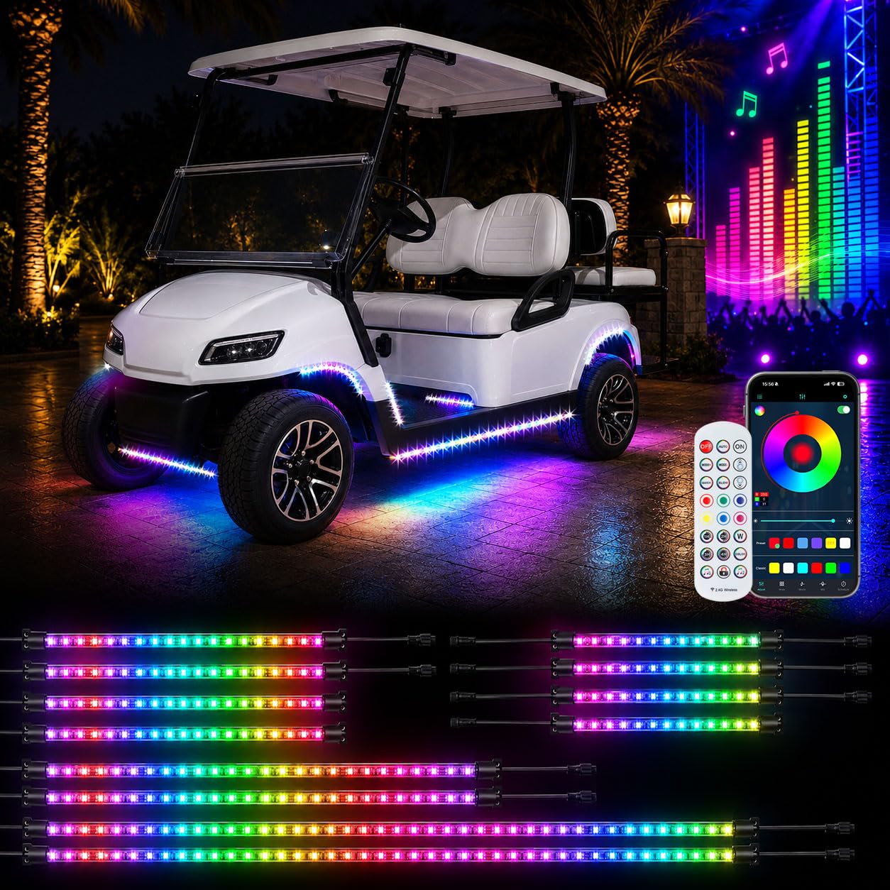 Roykaw Golf Cart Underglow LED Strip Lights Accent Neon Lighting Kit w/Wheel Well & Interior Lights for EZGO Yamaha Club Car, Million Colors/
