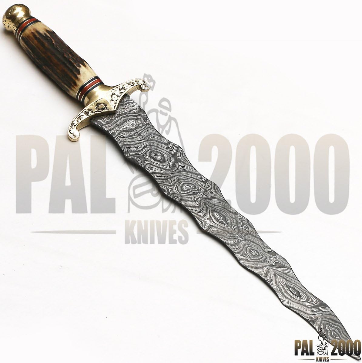 PAL 2000 KNIVES Handmade Damascus Steel 20 Inches Vivi Hunting Knife Stag Horn Handle with Sheath 8888