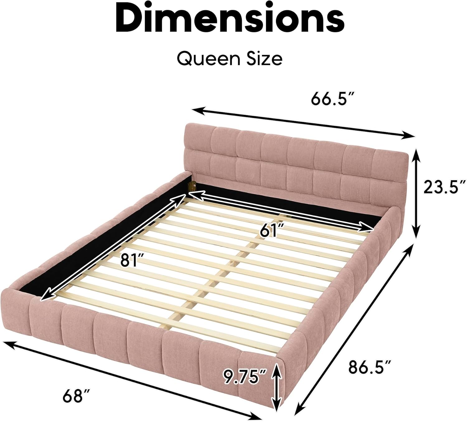 Queen Grounded Bed Frame with Headboard, Thick Fabric Chenille Upholstered Platform Floor Bed with Sturdy Slats, No Box Spring Needed, Easy Assembly, Pink
