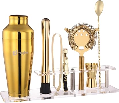 Cocktail Shaker Set with Arcylic Stand, Mixology Bartender Kit for Drink Mixing | Mixology Set with 7 Bar Set Tools Cocktail Kit Gold
