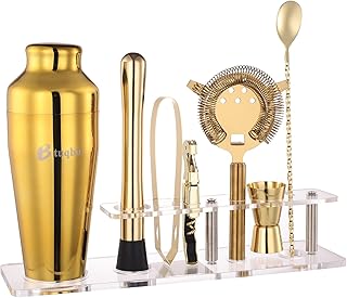 Cocktail Shaker Set with Arcylic Stand, Mixology Bartender Kit for Drink Mixing | Mixology Set with 7 Bar Set Tools Cocktail Kit (Gold)