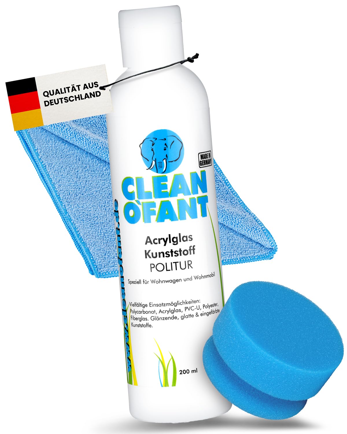 CLEANOFANT Acrylglas-Kunststoff-POLITUR Set - mit 200 ml Politur, 1 x Poliermaus BLAU-medium, 1 x Mikrofaser-Poliertuch - für Wohnwagen-, Wohnmobil-, Caravan-Fenster, Lichtkuppeln