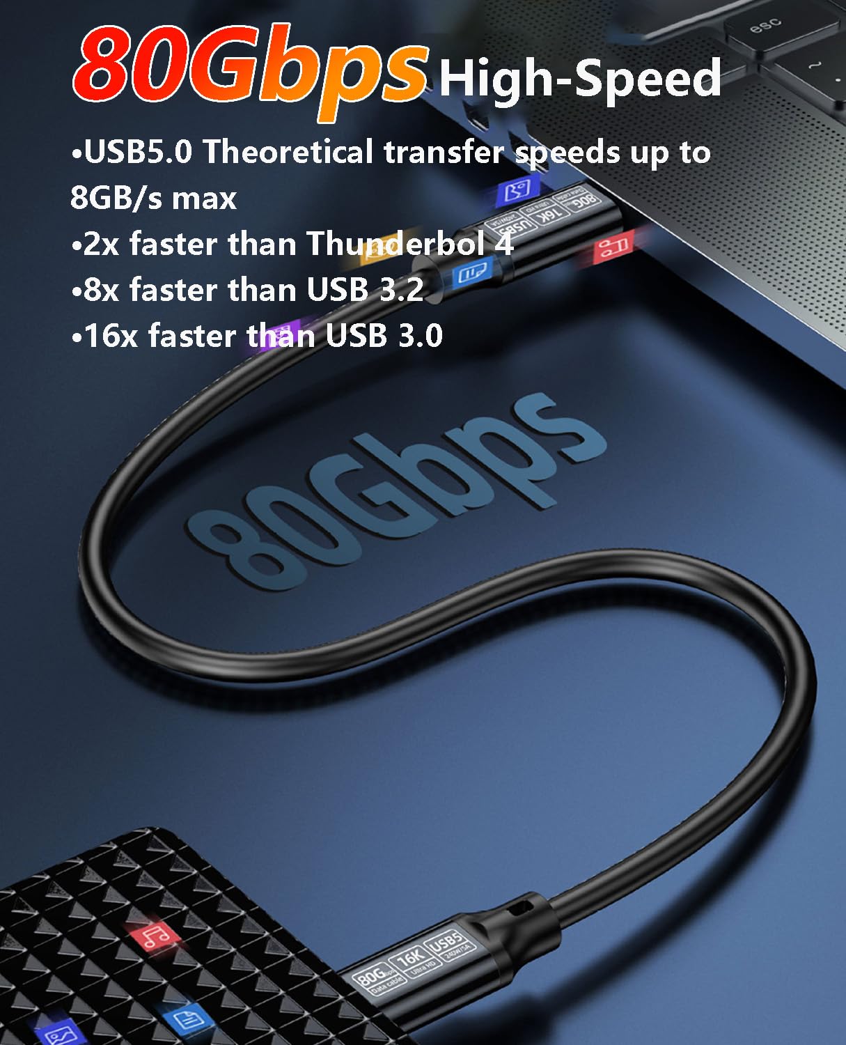Cavo di ricarica rapida da USB C a USB C, 240 W, 2 m, USB 5 80 Gbps ad alta velocità, video HD 16K, nylon intrecciato, cavo di tipo C da maschio a maschio per laptop, smartphone, monitor (nero