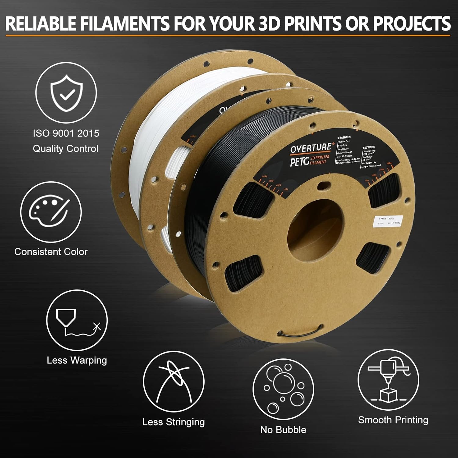 Blасk Frіdау - 70% оƒƒ OVERTURE PETG Filament 1.75mm, 3D Printer Filament, 2kg Filament (4.4lbs), Dimensional Accuracy 99% Probability +/- 0.03 mm, Fit Most FDM Printer (Black + White)