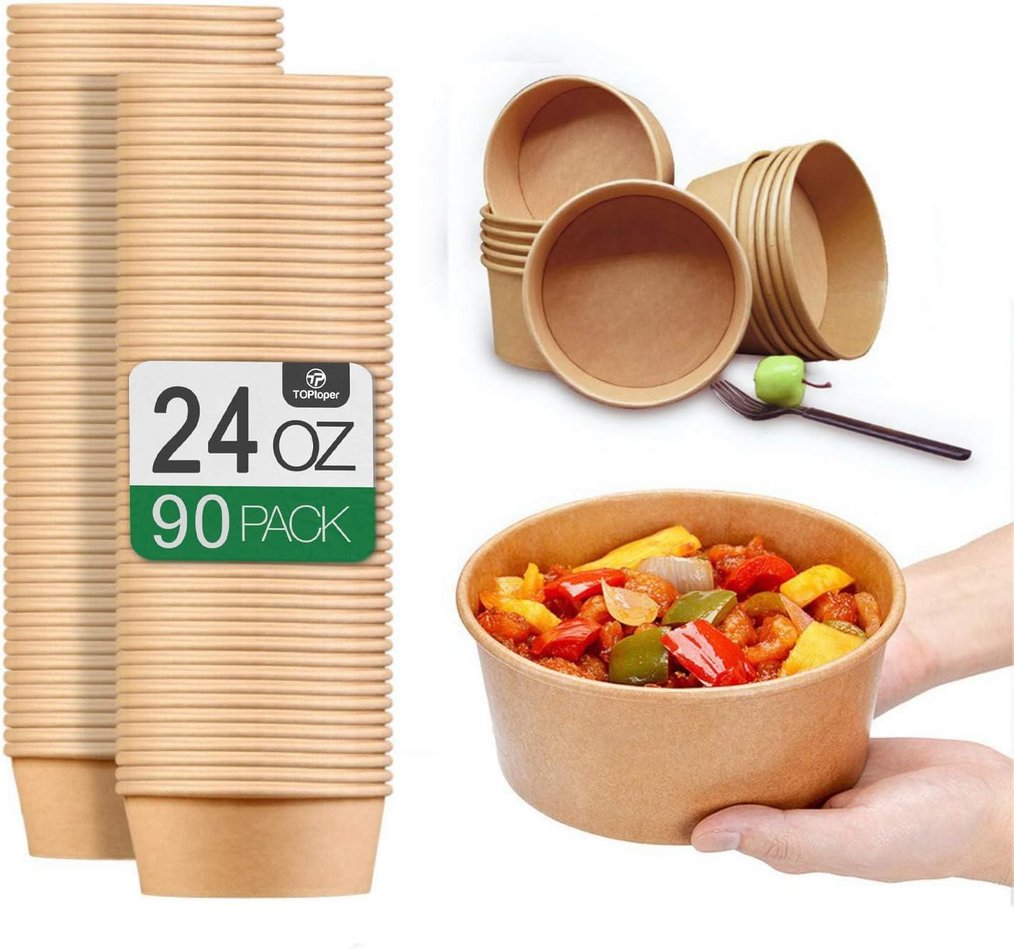24 Oz Large Paper Bowls【WITHOUT LIDS】 90 Pack Disposable Soup Bowls Plastic Free Party Supplies for Hot/Cold Food, Soup (24 OZ)