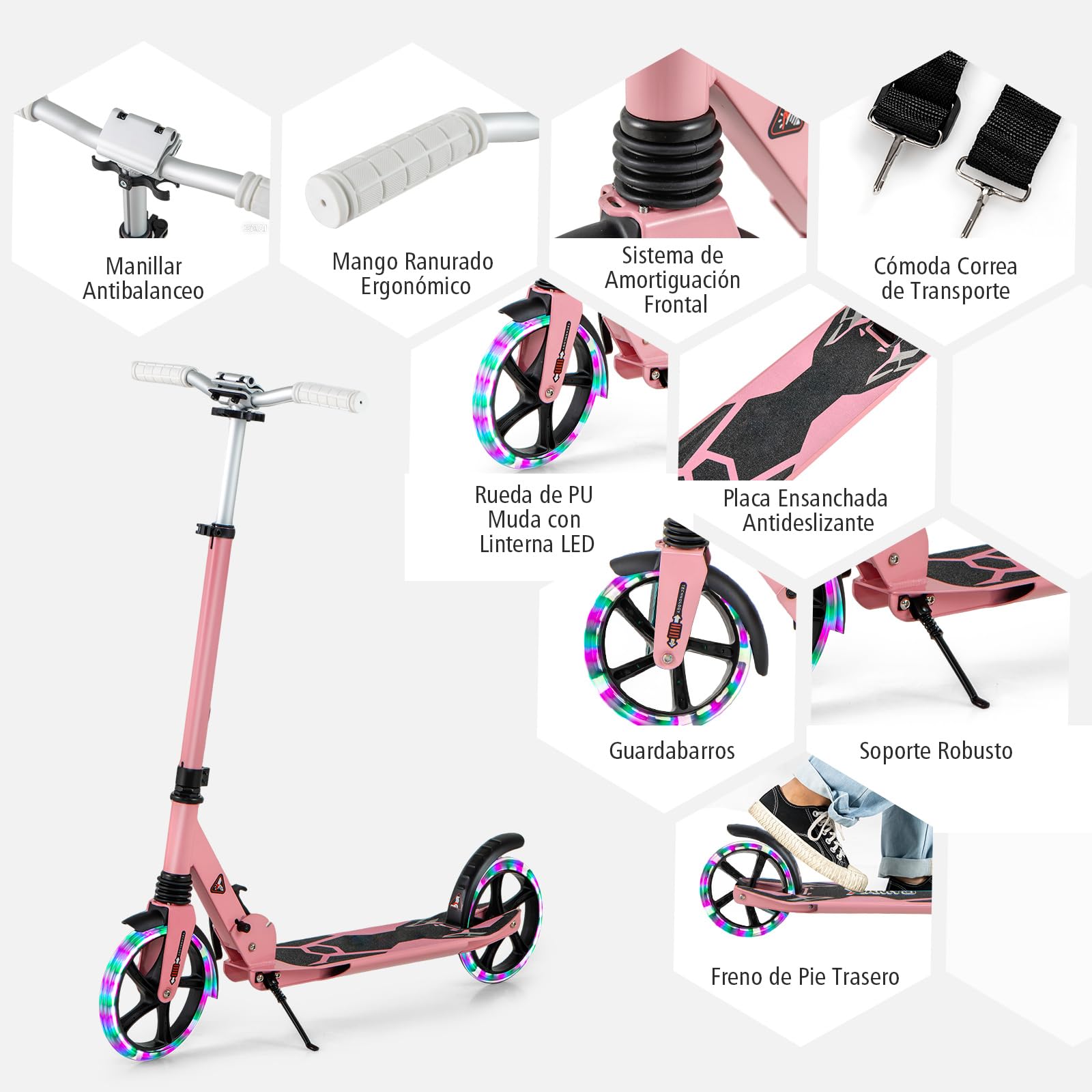 COSTWAY Patinete para Niños Más de 8 Años, Patinete Plegbale con Luces LED y Ruedas en PU Silenciosas 200mm XXL, Altura Regulable, Superficie Antideslizante y Freno de Pedal, Scooter Adulto