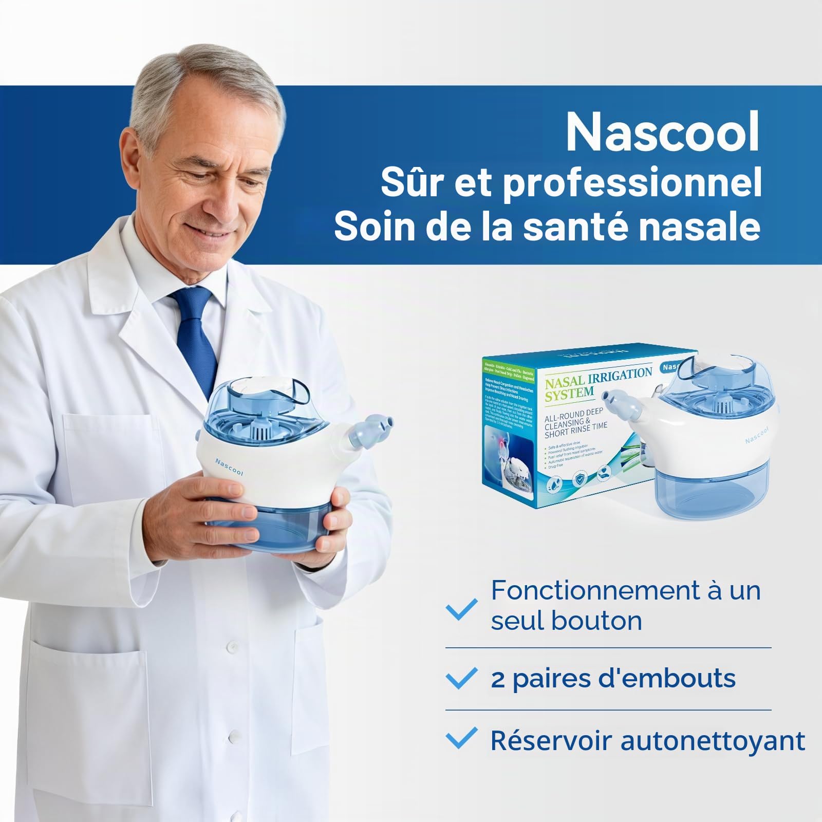 Nascool Système d'irrigation nasale, douche nasale, rinçage nasal pour adultes, pot de rinçage électrique nasaux avec 50 sachets de sel nasal, bleu