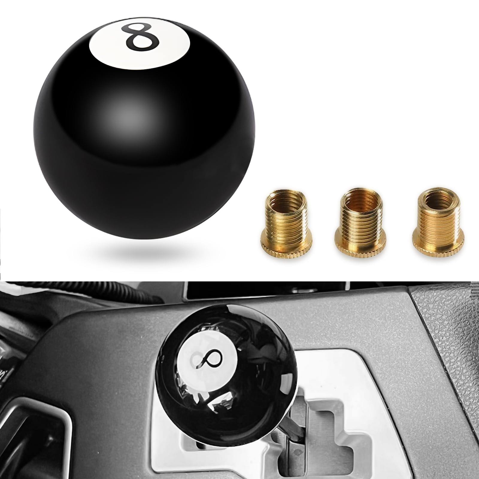 Round Manual Shift Handle, Black Ball 8 Billiard Sub Acrylic Gear Shift Knob with 3 Adapters, Universal for Manual car M 8 * 1.25, M 10 * 1.25, M 10 * 1.5, M 12 * 1.25