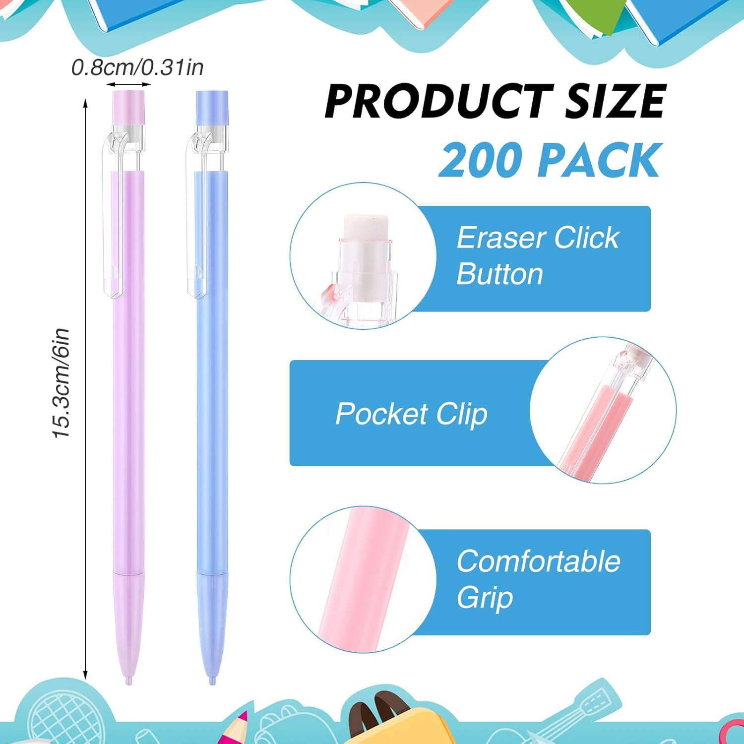 Fuyoooo 200 Pcs 0.7mm Mechanical Pencils with Eraser Bulk, Colorful Mechanical Pencil 0.7mm for Office Classroom Back to School Supplies School Student Writing Drawing Sketching(Multicolor)