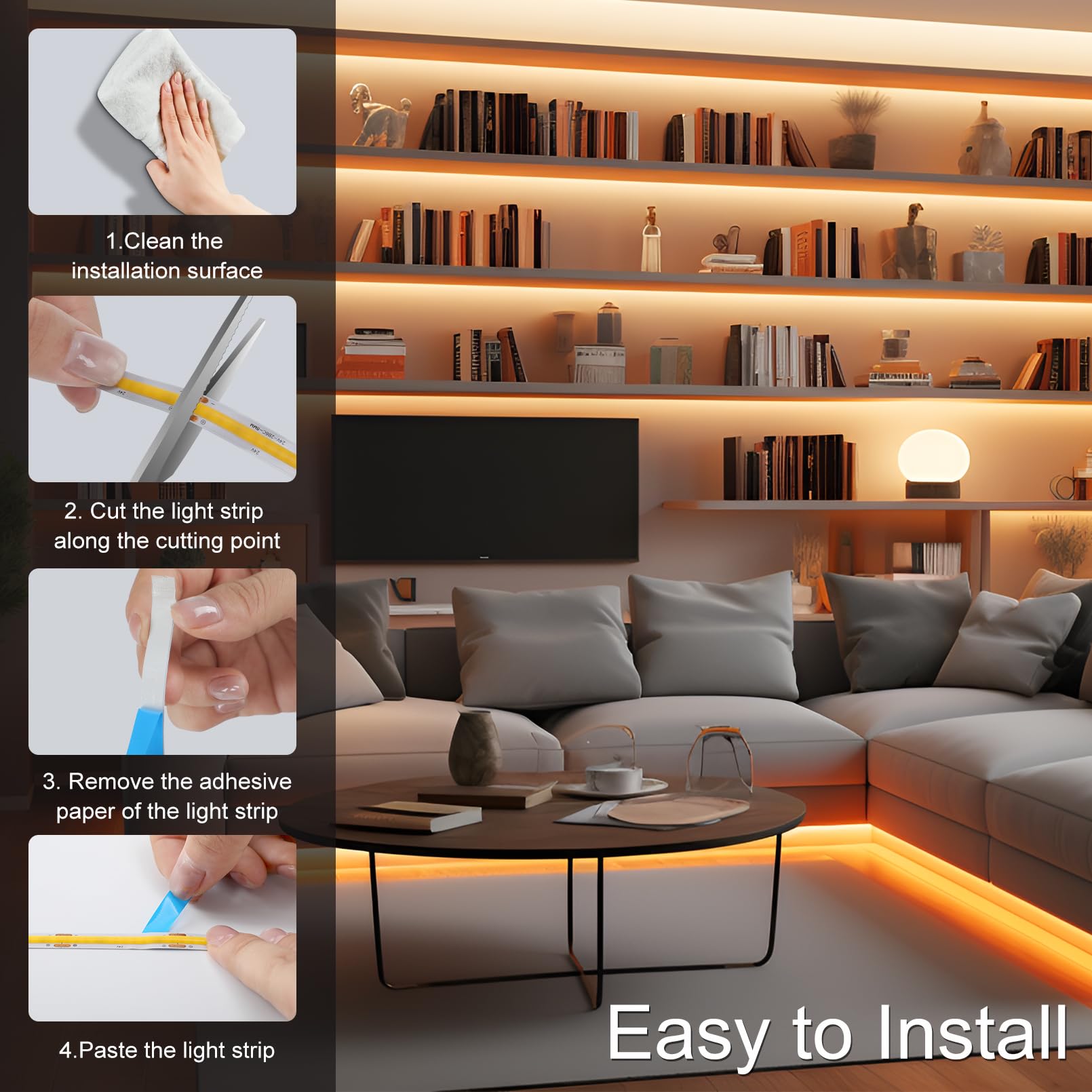 ZSLAIFU - 24V COB LED Lichtleiste, LED Hintergrundbeleuchtung, warme LED Lichtleiste mit Fernbedienung, COB flexibles Licht für Schlafzimmer, Schminkschrank DIY Beleuchtung Spiegel