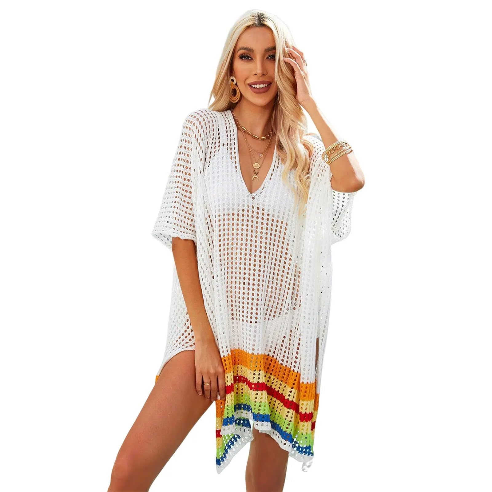 Pareo Donna Mare Copricostume Bikini Traforato all'Uncinetto Estivo Ampio e Attillato for la Spiaggia(C-White)