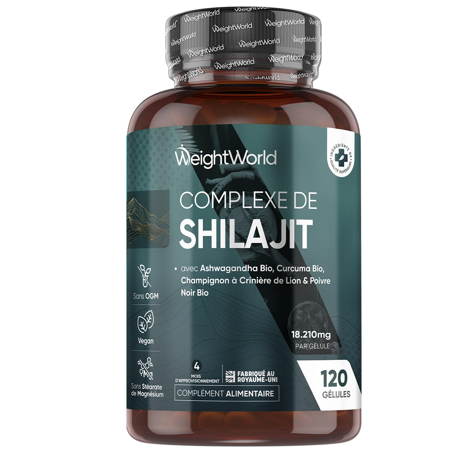Shilajit Gelules 18210mg, Shilajit Himalaya Complexe 120 Gélules Vegan, Ashwagandha Bio, Curcuma Bio, Champignon Crinière de Lion et Poivre Noir, Riche en Acide Fulvique, Acide Humique et Minéraux