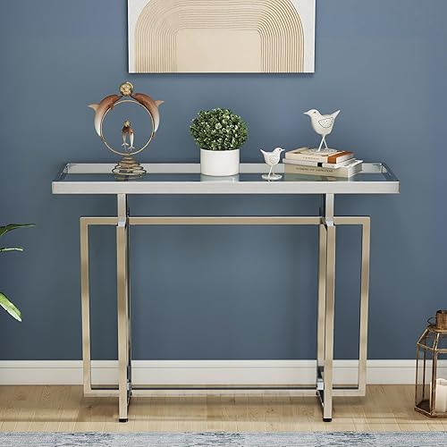 Miniatura 9 de ASYA Mesa consola de cristal para entrada, mesa de entrada moderna con vidrio templado y marco cromado, mesa de sofá plateada para sala de estar y