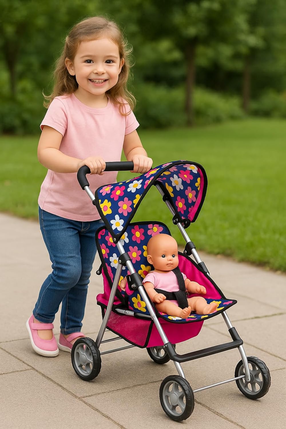 fash n kolor Twin Baby Doll Stroller - Pretend Play Baby Stroller for Dolls - Toy Stroller with Storage Basket for Baby Doll Accessories Set - Flower Design Stroller Toy for Kids - Folds Easily