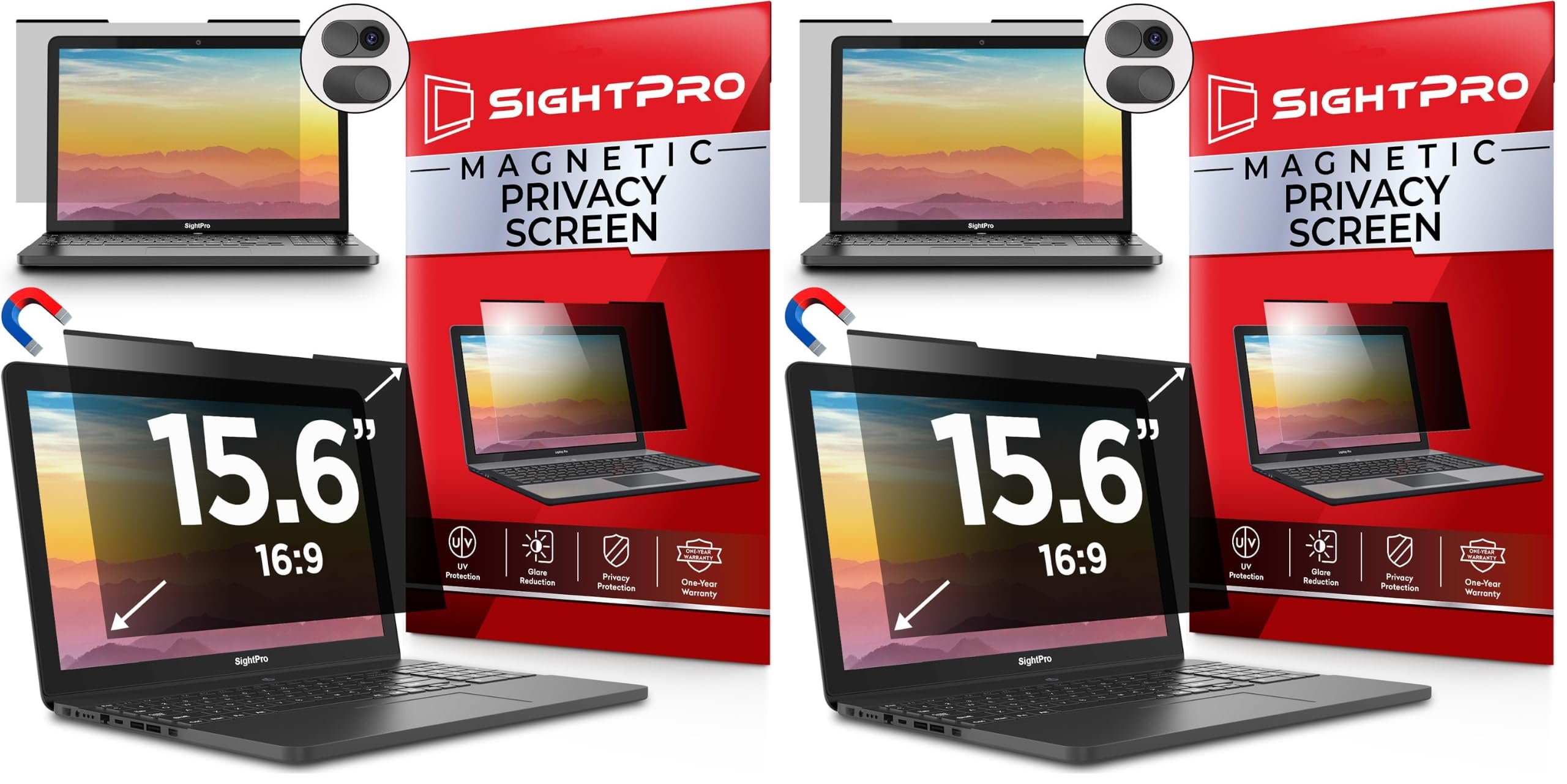 SightPro Magnetic Laptop Privacy Screen 15.6 Inch 16:9 - Patented Removable Laptop Privacy Filter Shield and Protector (Pack of 2)