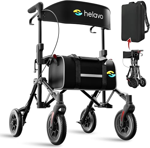 Helavo Ultra-Compact Double Folding Travel Rollator Walker with Seat and 8-Inch PU All-Terrain Wheels
