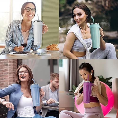 Miniatura 6 de Sursip Vaso de 50 onzas con asa, vaso de acero inoxidable al vacío de doble pared con popote y 2 tapas, mantiene las bebidas frías hasta 24 horas, a