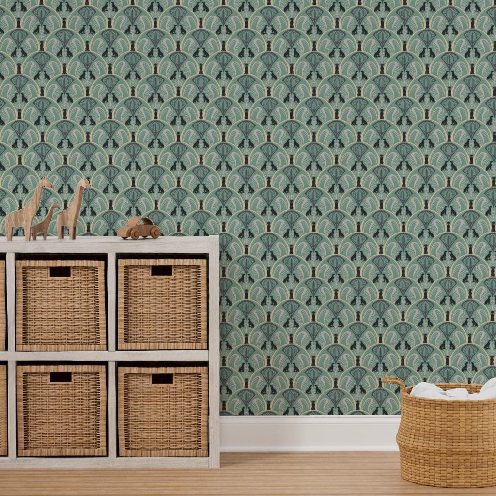 Peel & Stick Wallpaper 3ft x 2ft - Art Nouveau Black Labrador Retrievers Mint Green Vintage Animals Deco Dogs Elegant Custom Removable Wallpaper by Spoonflower