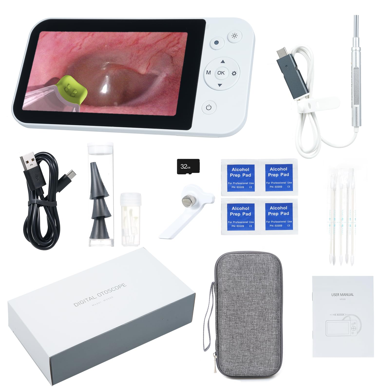 Caméra Otoscope 3,9 mm avec écran IPS 5 Pouces, Endoscope numérique HD 1080P pour Inspection des Oreilles, Batterie intégrée 2500 mAh, Carte mémoire TF Incluse, modèle MS500