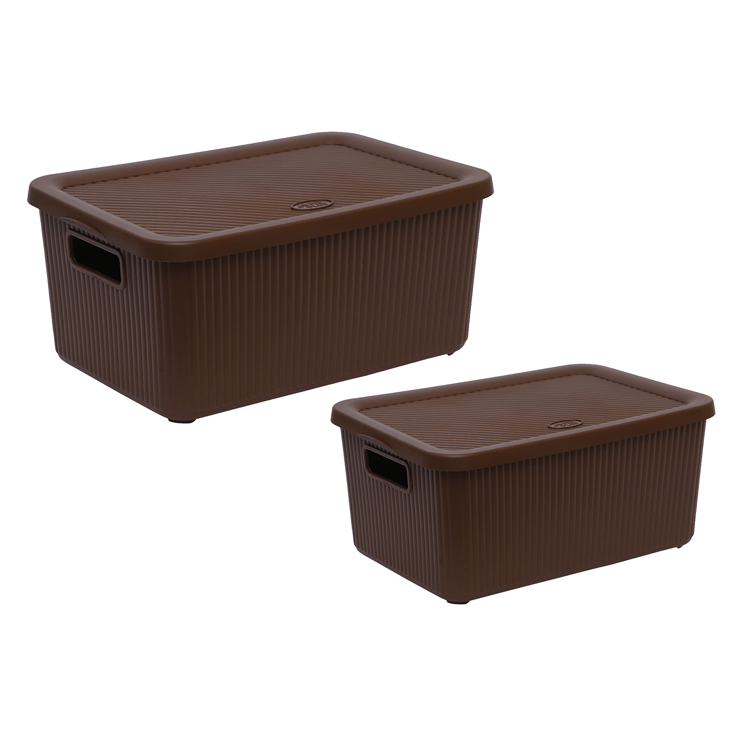 M1SS (Set of 2-7L/14L Multipurpose Storage Box with Lid Small and Large Stackable Storage Basket With Handle Lidded Bin Box Plastic Organiser-Brown