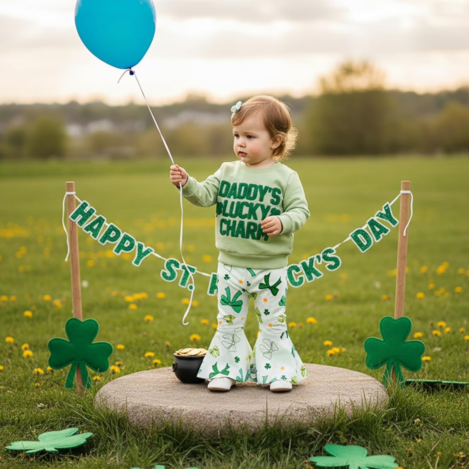 Toddler Baby Girl St Patricks Day Outfit Embroidered Long Sleeve Sweatshirt Top Flared Pants 2Pcs Set Irish Clothes - Image 4