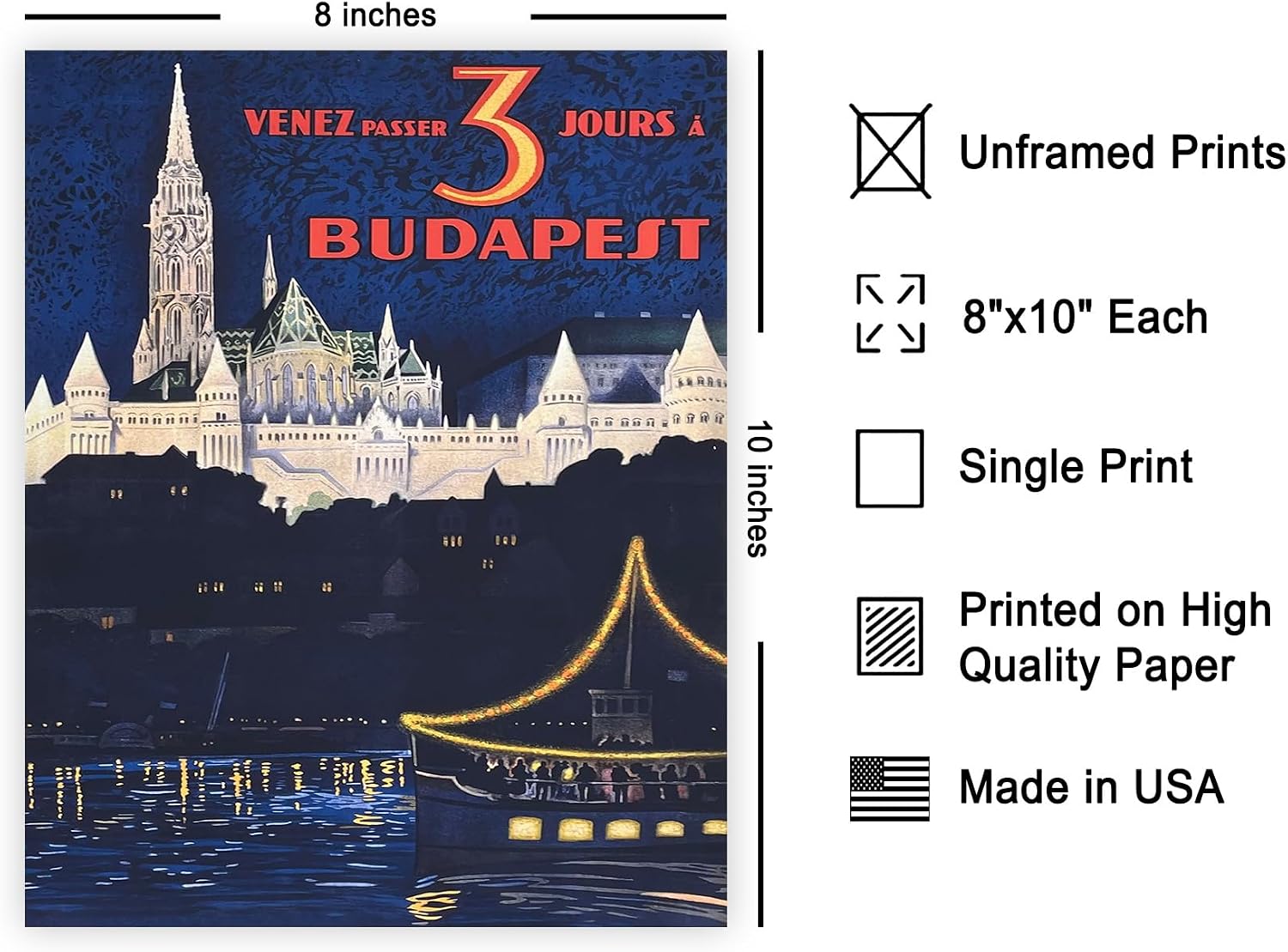 Poster Master Vintage Travel Poster - Retro Budapest Print - Hungarian Tourism Art - Gift for Him, Her, Travel Lover - Landscape Decor for Home, Office, Living Room, Bedroom - 8x10 UNFRAMED Wall Art