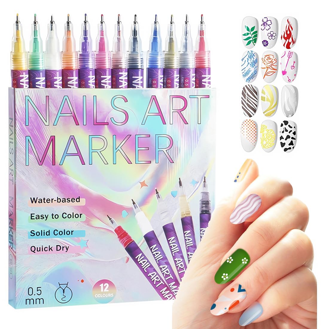 12 Colors DIY Nail Art Pens Set 0.5mm Ultra Fine Nail Art Marker Pens Quick Dry Waterproof Nail Paint Pens for Drawing Lines, Dotting, Detailing DIY Nail Painting for Women & Kids-image-22
