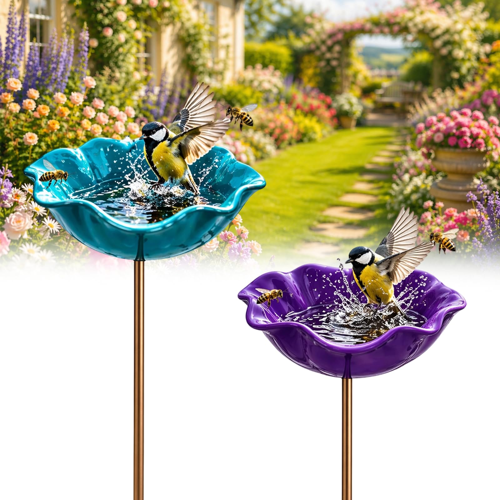 Handmade Metal Flower Garden Stake Bird Bath Bowl - Weather-Resistant Bee Watering Station & Flower Bird Feeder, Decorative Outdoor Metal Flowers for Yard Lawn Patio Decor (2Pcs-F)
