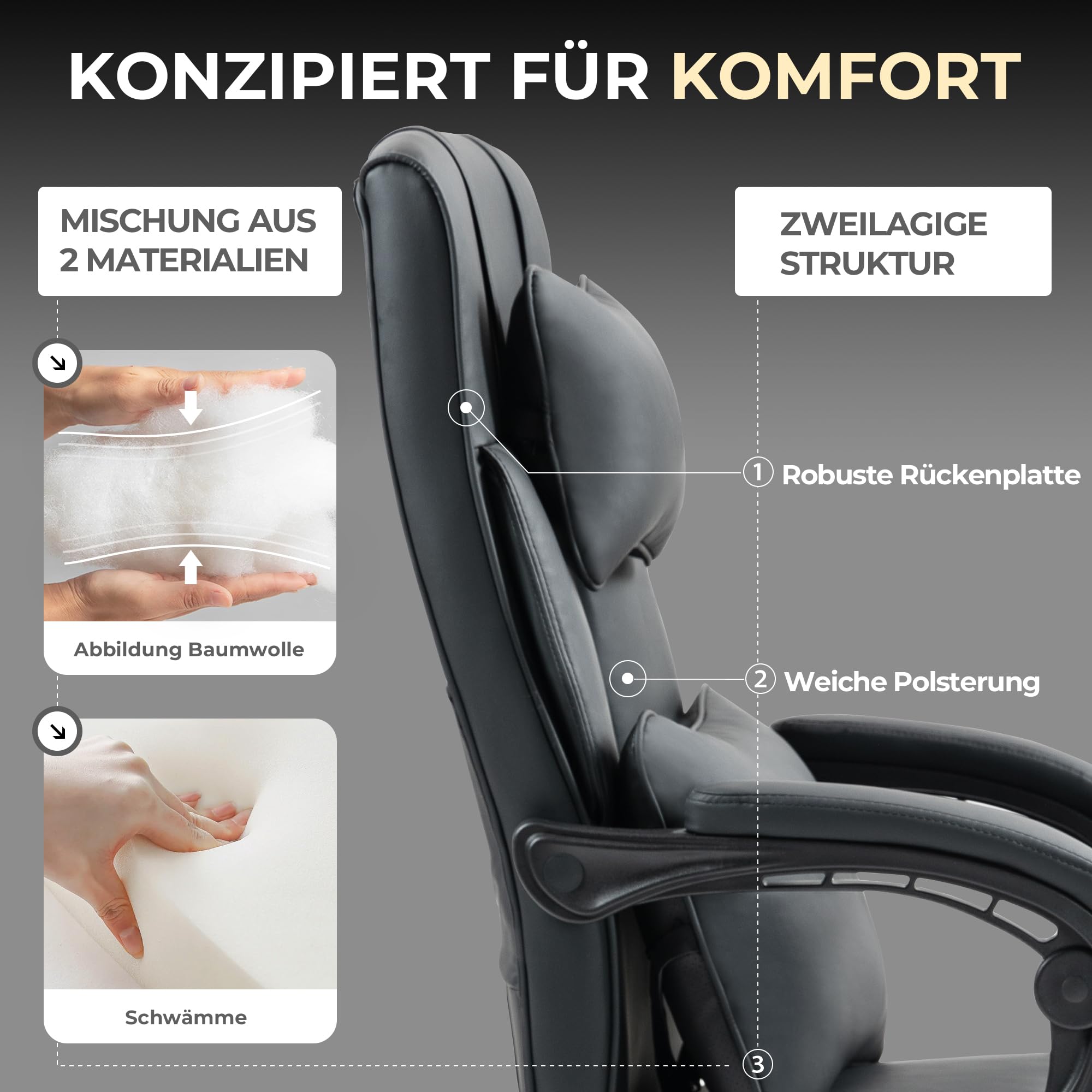 Dowinx Sedia direzionale ergonomica con poggiapiedi, vertebre lombare e poggiatesta regolabili, sedia da ufficio, sedia girevole per computer con schienale alto, 150 kg (nero)