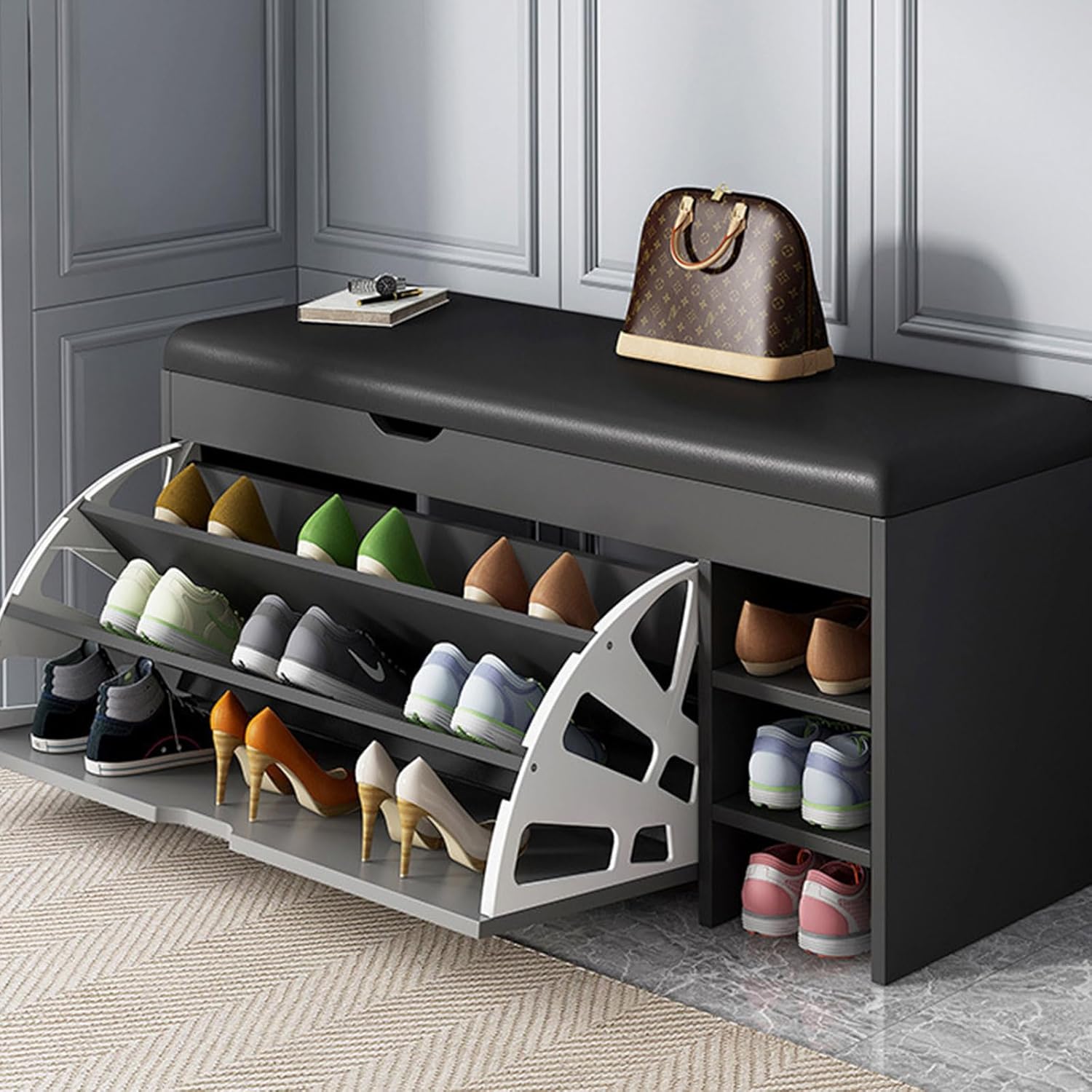 Leather-Padded Shoe Cabinet, Storage Shoe Cabinet Bench, Removable Shelves, Flip-top Design, Modern, Hidden Drawers, Shoe Rack Organizer