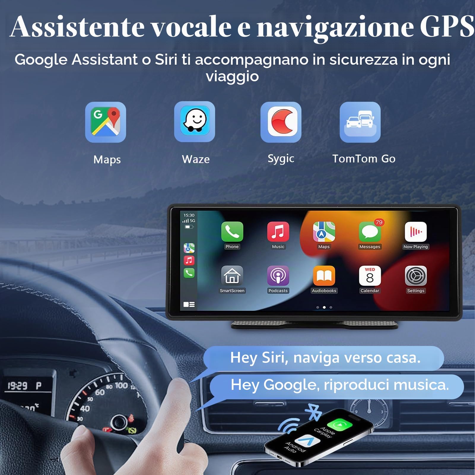 Pantalla Táctil Coche 10.26 Pulgadas, Navegación GPS, Estéreo Para Automóvil Compatibile con CarPlay, Android Auto, Bluetooth, Control por Voz, GPS, AUX y FM
