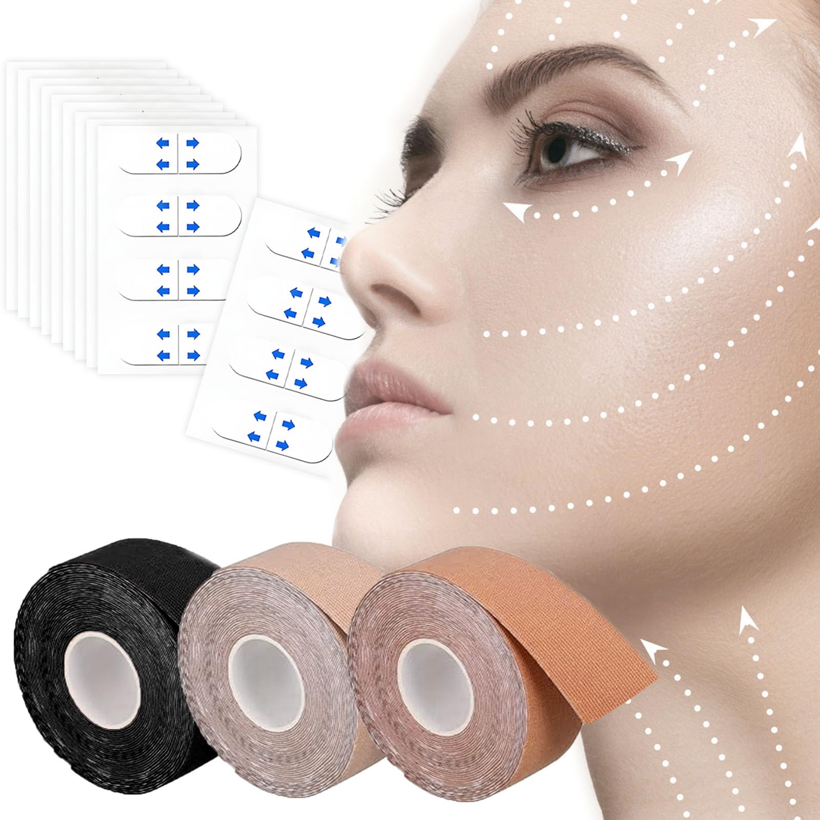3 Pezzi Face Lift Tape in cotone con 80 Cerotti Antirughe Invisibili Set, Cerotti Antirughe per il Viso, Cerotti Lifting Viso, Nastro per Lifting Facciale, Riduce le Rughe