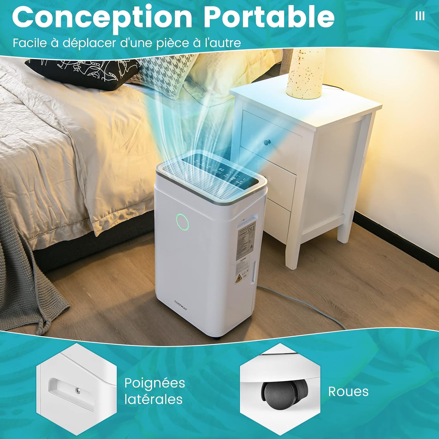Image showing the portable design of the dehumidifier with side handles and wheels for easy movement.