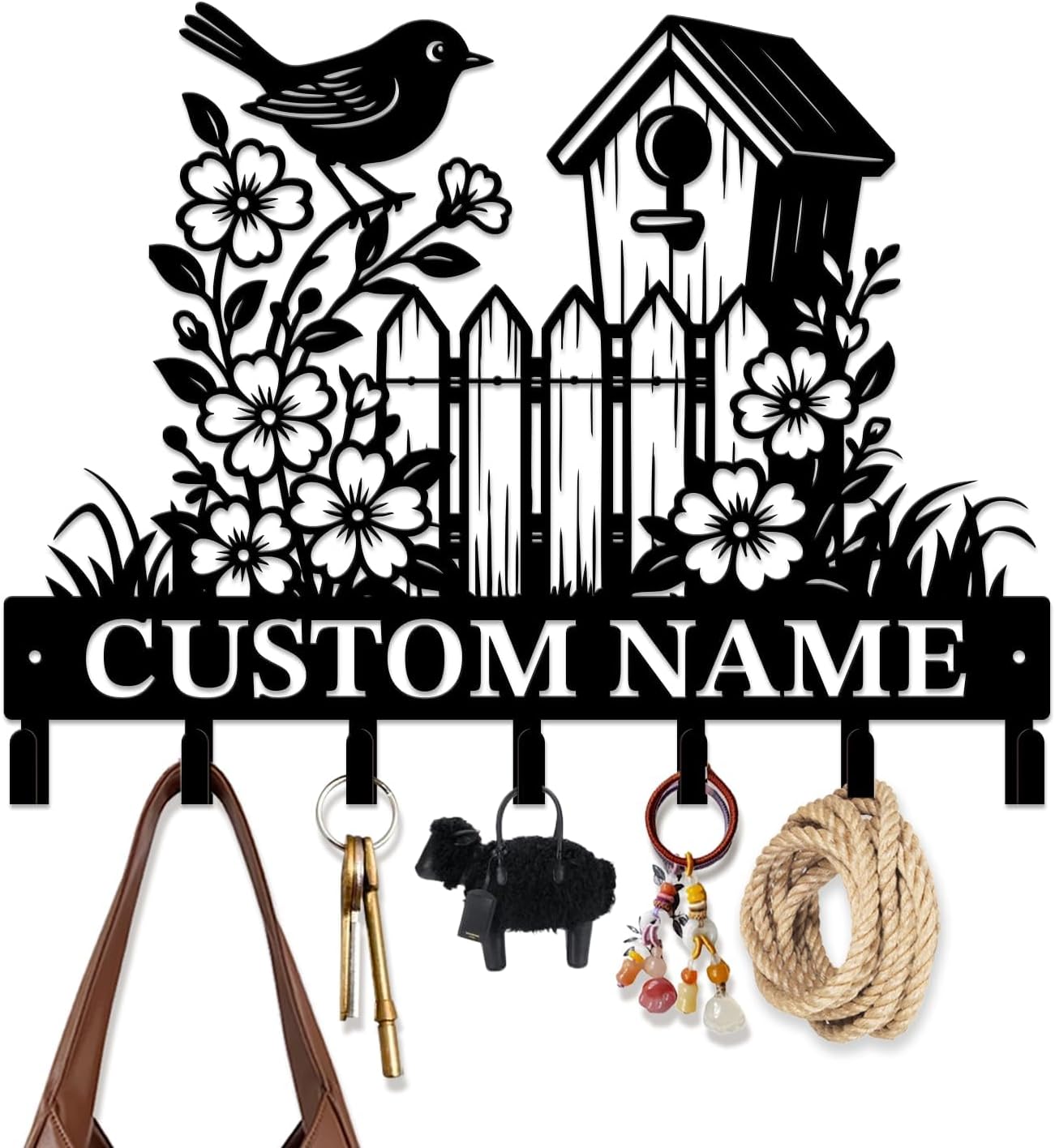 Custom Bird Key Hook–Personalized Floral Metal Wall Rack for Entryway (E)