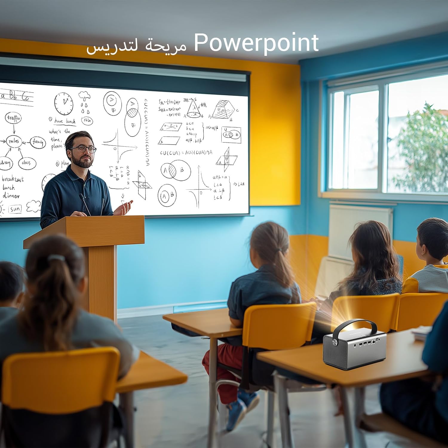 BYINTEK R17 Pro Projector used in a classroom setting, projecting a PowerPoint presentation.