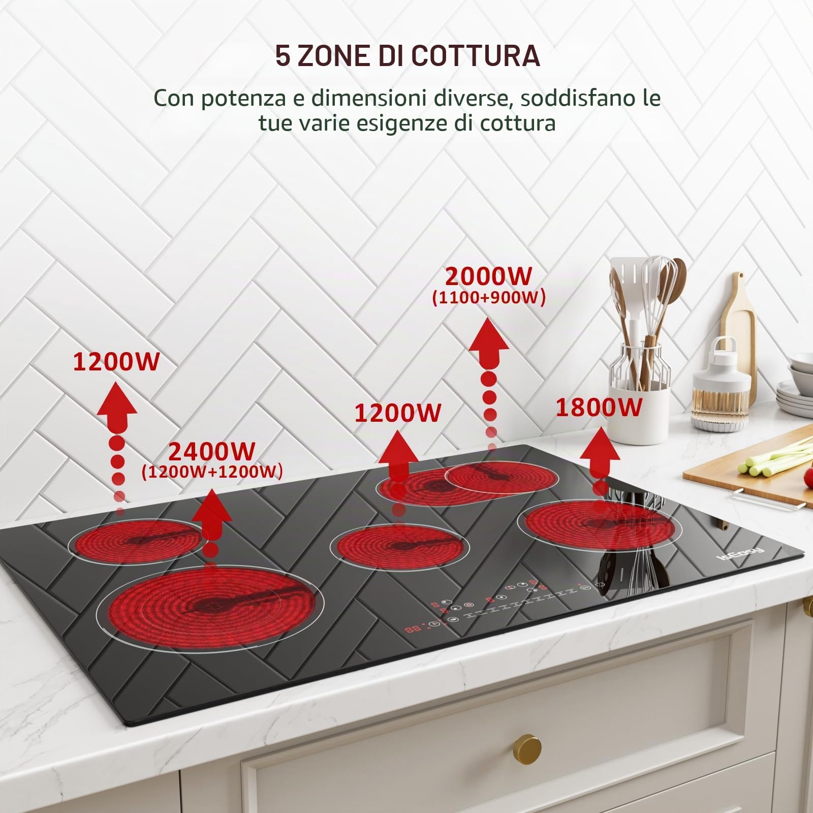 Piano Cottura in Vetroceramica 5 Fuochi, Piano Cottura Elettrico, 77cm, 8600W, 4 Zone di Cottura, 9 Livelli di Riscaldamento, Timer, Controllo Tocco, Sicurezza Bambini