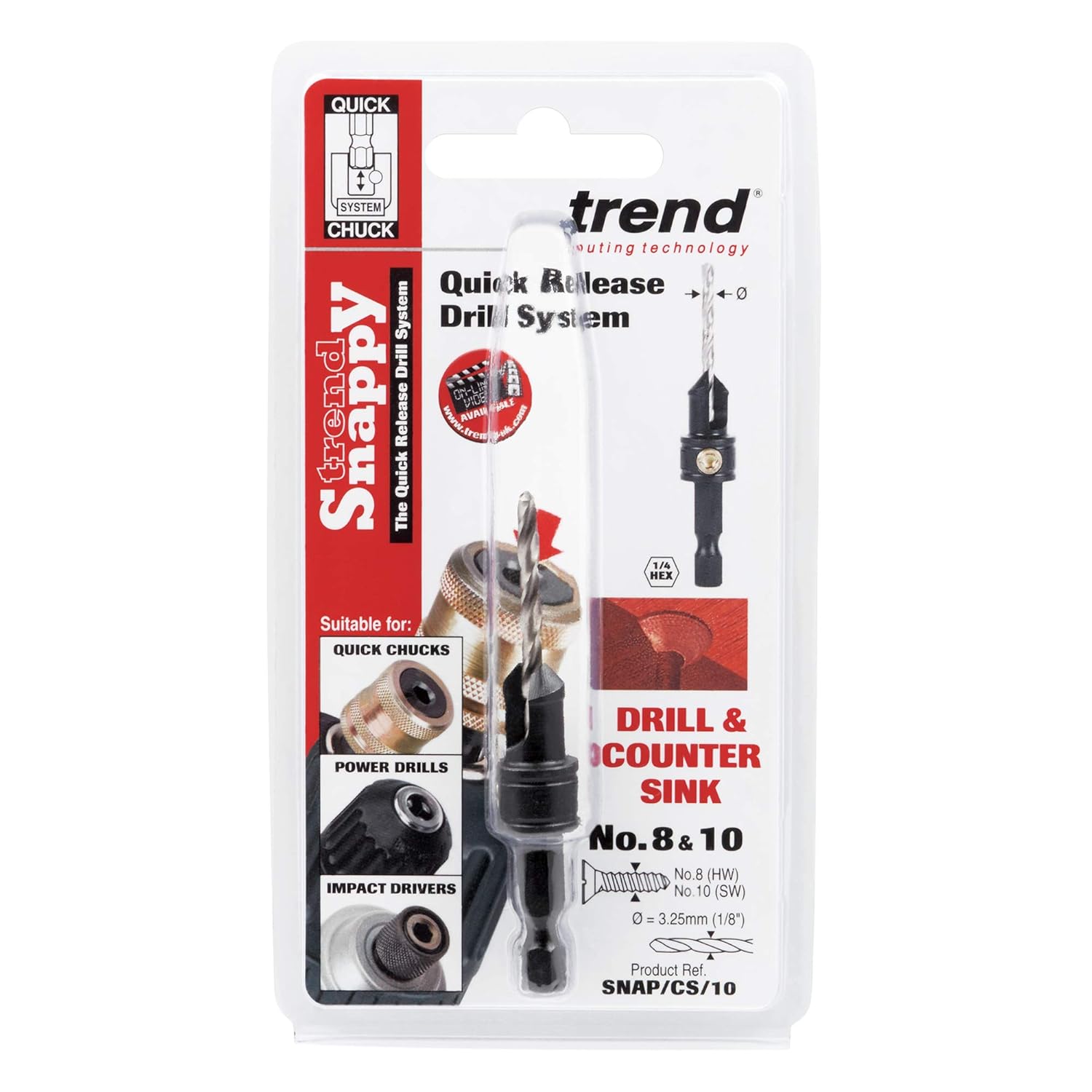Trend Snappy 9.5mm Diameter Adjustable Countersink with Drill, Ideal for No.8 & No.10 Screws, High-Speed Steel, SNAP/CS/10