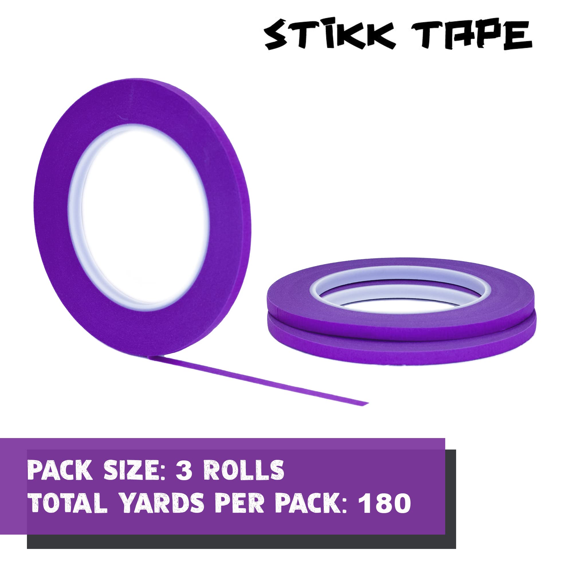 STIKK Cinta adhesiva para pintores de 1/4 pulgadas x 60 yardas, color morado, 14 días de limpieza, borde fino, cinta de carrocero de acabado estrecho (0,25 pulgadas x 6 mm)