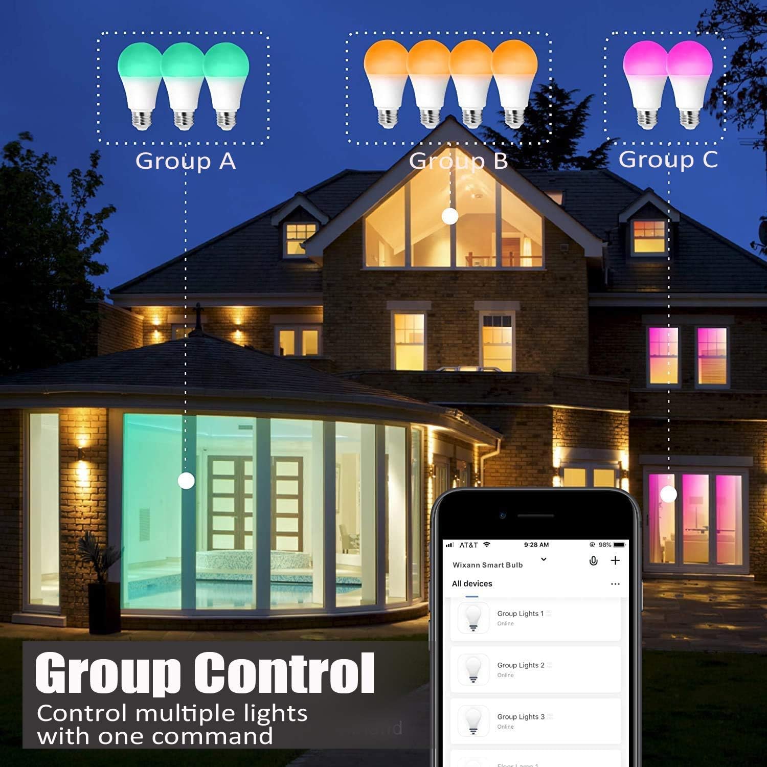 Wixann 9W Smart Light Bulbs, Compatible with Alexa & Google Home Assistant (No Hub Required) A19, E26, 80W Equivalent 900lm Dimmable RGBCW Color Changing LED Bulb for Siri Shortcut, 4 Pack