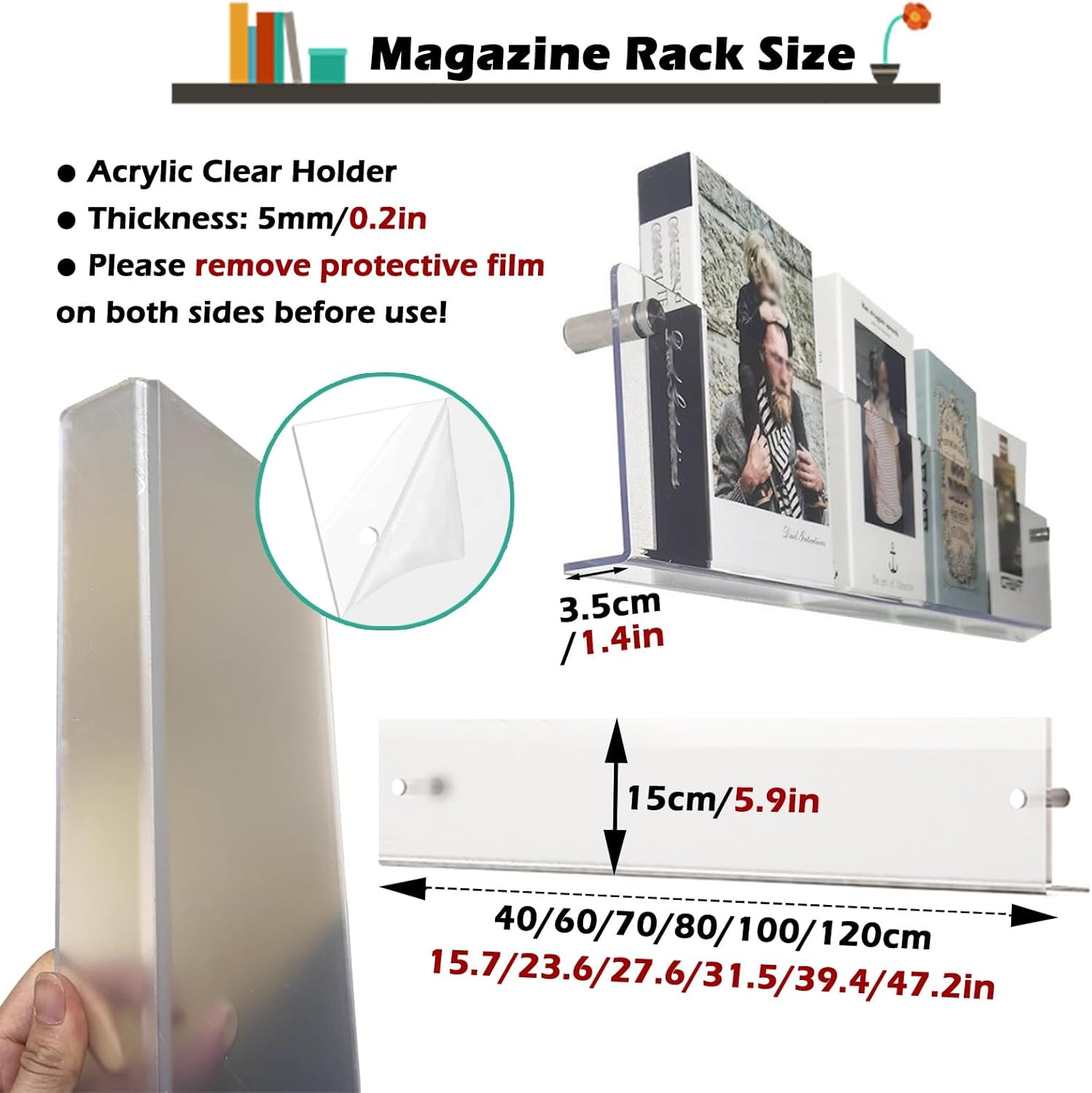Magazine holder wall mount acrylic shelf, 3 Tier Clear Acrylic Magazine Rack Literature Storage(L100cm/39.4in)