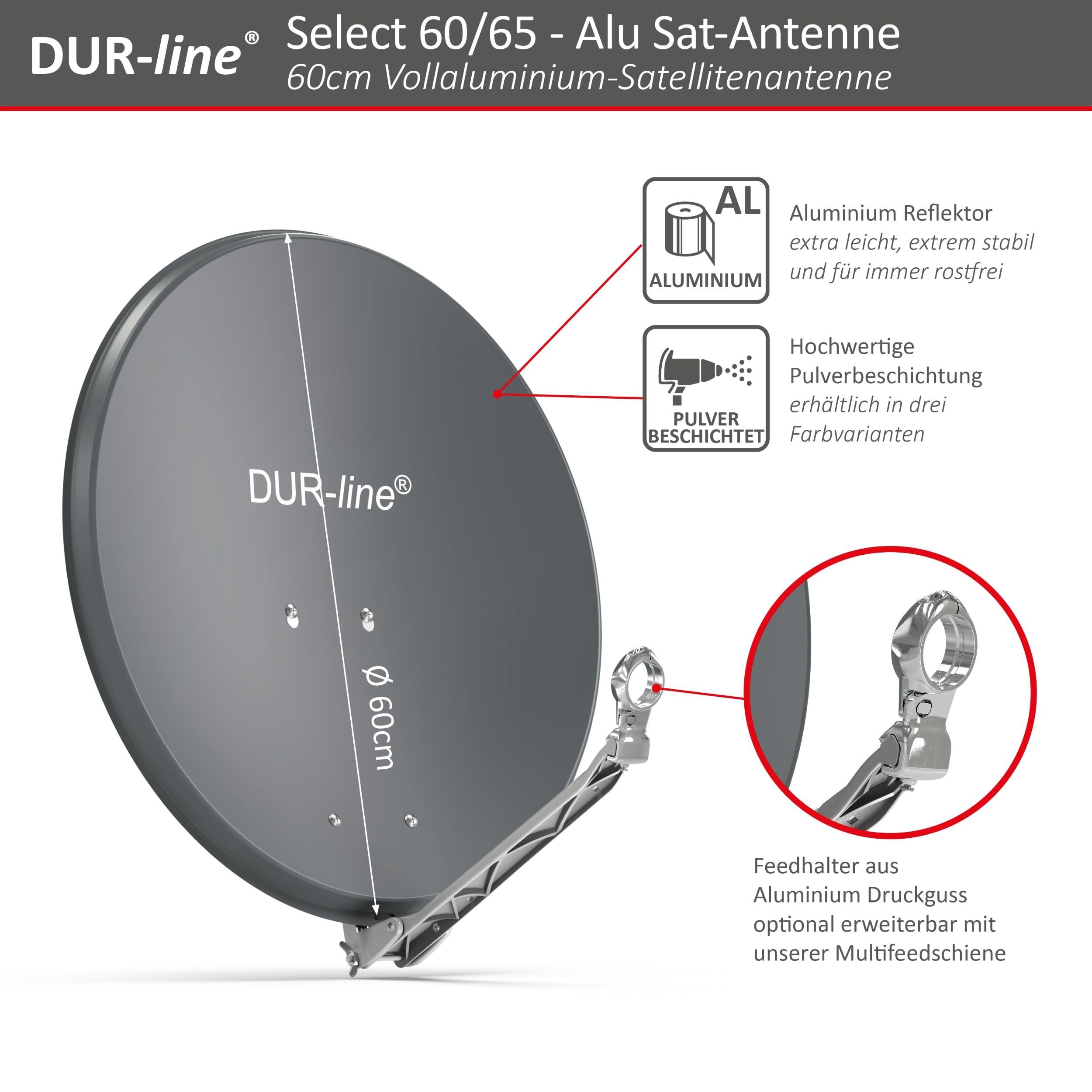DUR-line 4 Teilnehmer Set Alu-Satelliten-Komplettanlage Select 60cm Spiegel Anthrazit Quad LNB DVB-S2 4K