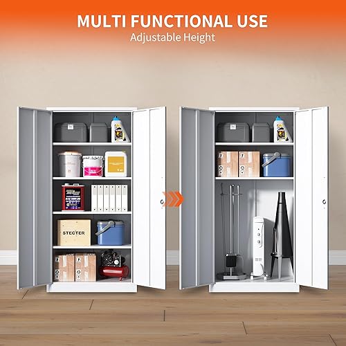 Miniatura 6 de Armario de almacenamiento de metal con estantes ajustables, armario de herramientas de garaje con 2 puertas con cerradura para oficina, hogar,