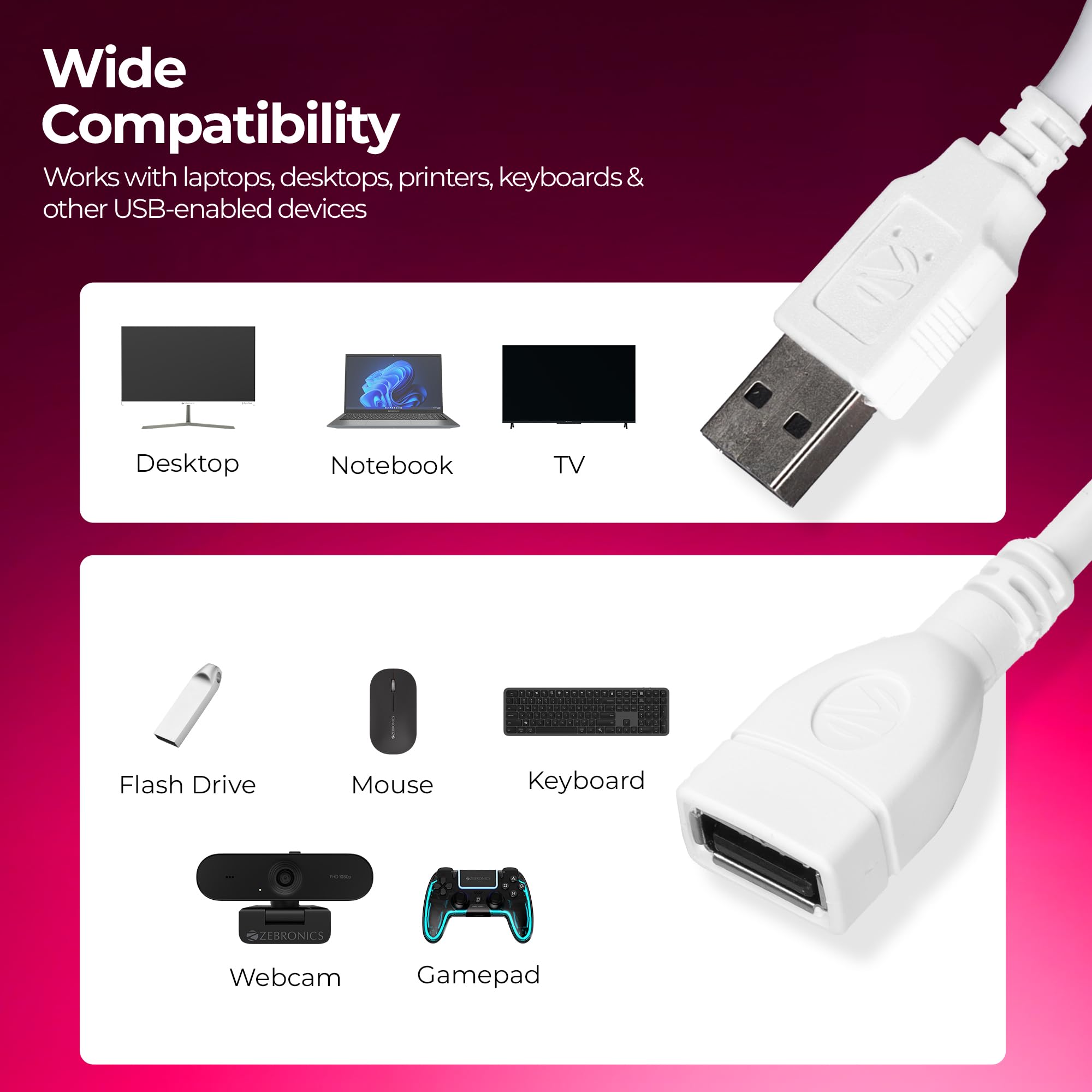 Zebronics UEC50 USB Extension Cable, 5 Meter Length, 480Mbps Data Transfer, Full Copper Core, Nickel-Plated Connectors, Durable PVC Build, For Keyboard, Mouse, Pen Drive & USB Devices — Amazon image 7