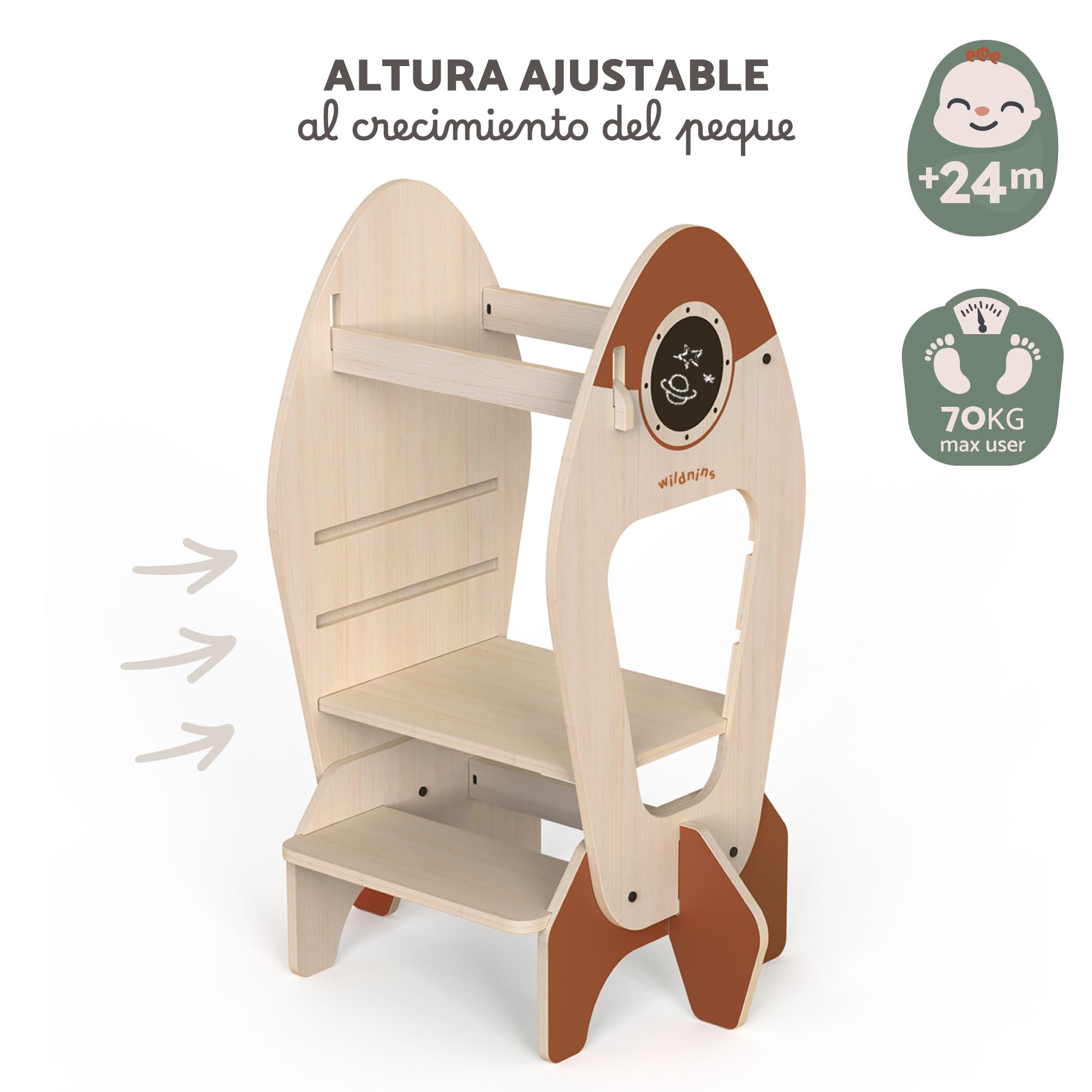 Torre de Aprendizaje Montessori Infantil – Taburete de Madera en Forma de Cohete para Bebés y Niños – Rocket Tower