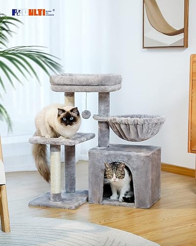 Miniatura 8 de PEQULTI Árbol pequeño para gatos, torre para gatos de interior, 2 estilos, árbol de actividades para gatos con postes rascadores para gatos, hamaca