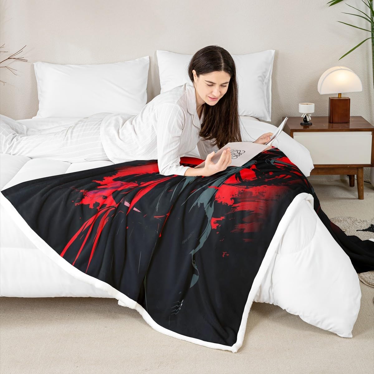 Erosebridal Japanese Anime Sherpa Blanket for Kids, Anime Girl Fuzzy Plush Throw Twin Size Japanese Girl Fleece Blanket for Girls Teens Adult, Kawaii Animation Red Black Decor for Sofa Couch
