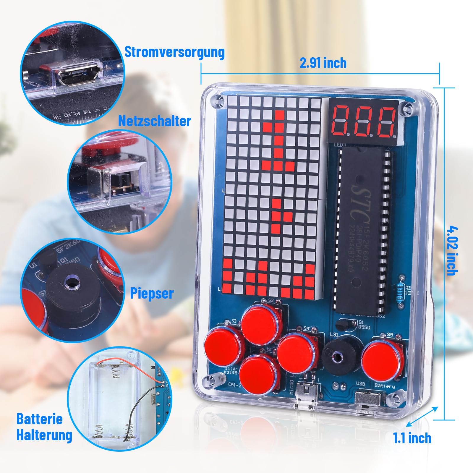 PEMENOL Konsola do gier "zrób to sam" zestaw do montażu elektronicznego, ręczna konsola z czterema grami, akrylowa obudowa, lutowania