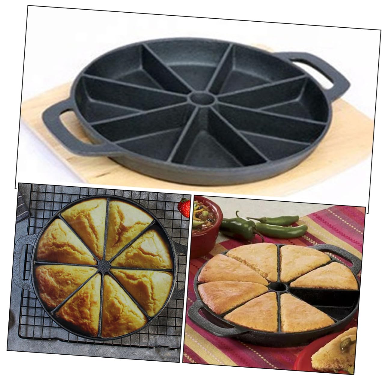 FOMIYES Gusseiserne Brotbackform mit Antihaftbeschichtung 21cm Keilpfanne mit Doppelgriffen Backform für 8 Maisbrotstücke und Scones Gleichmäßige Wärmeverteilung Backform für Küche
