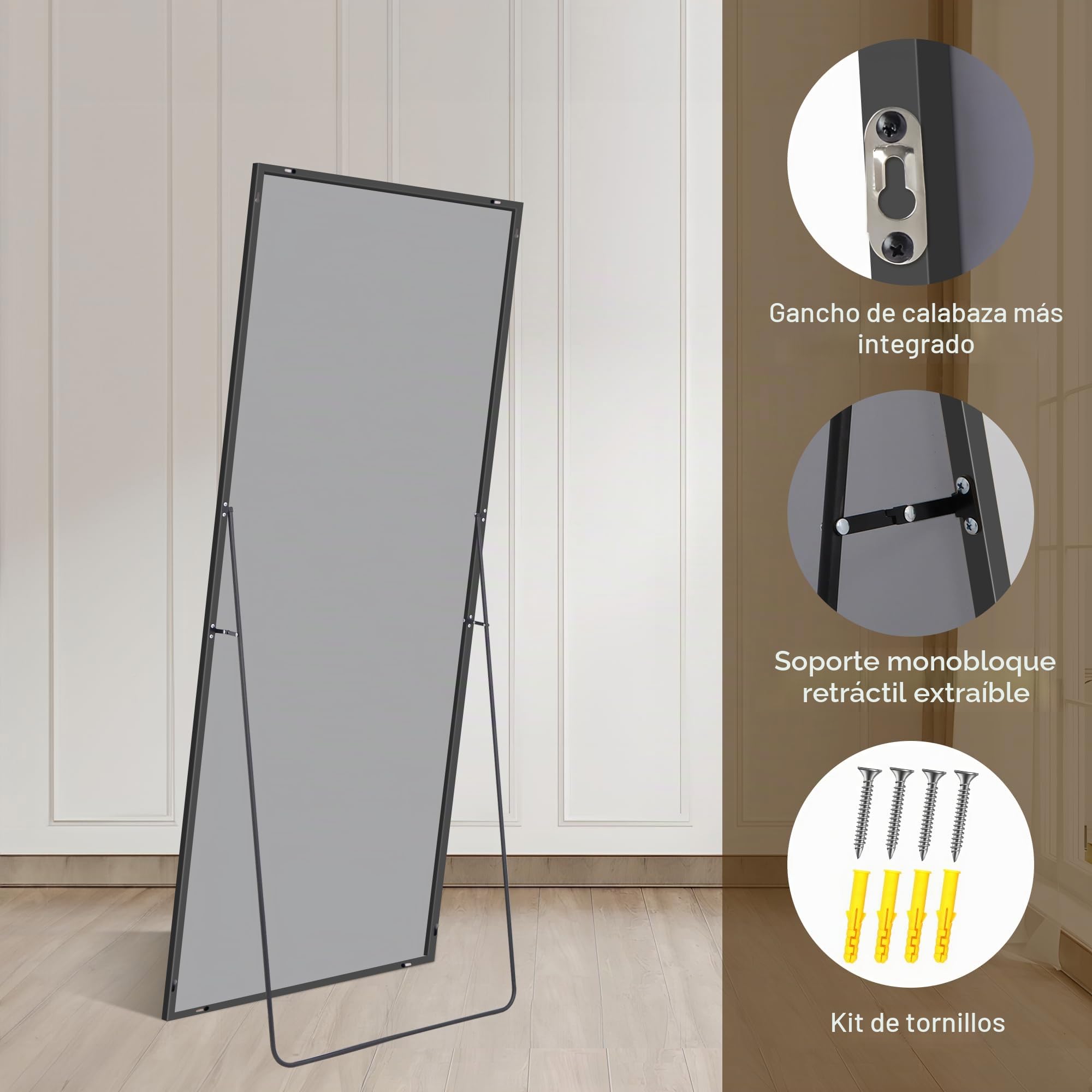 Weare Home Espejo de Cuerpo Entero 161 x 52 cm, de Pie y Pared con Marco de Aleación de Aluminio y Soporte para Sala Dormitorio (Negro)