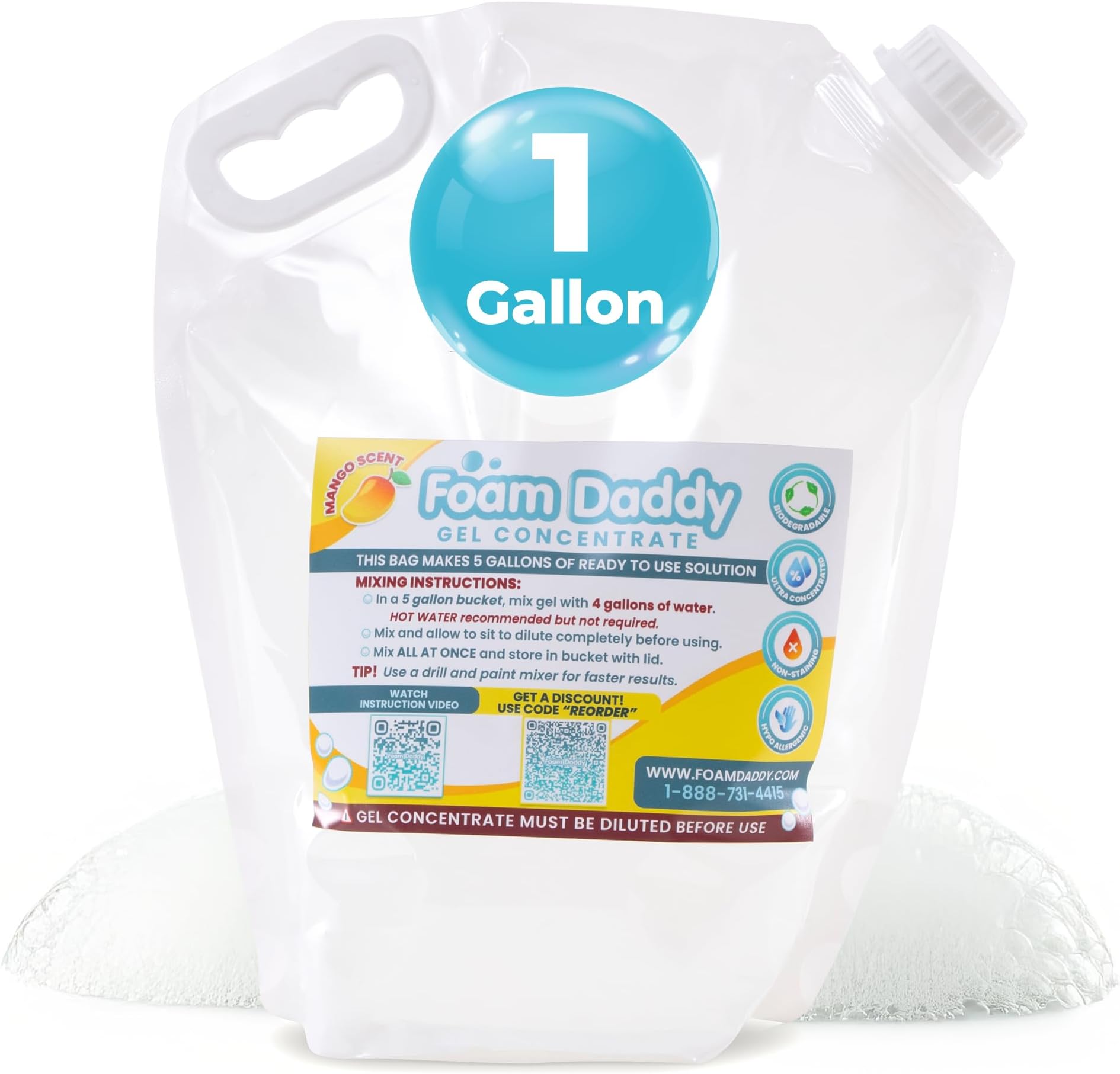 Foam Daddy Foam Machine Gel Solution - Professional Super Stacking Foam Machine Refill, 10 Rounds, Foam Machine Fluid that Makes 400 Gallons of Foam Party Fun! - 1 Gallon (Mango Scented)